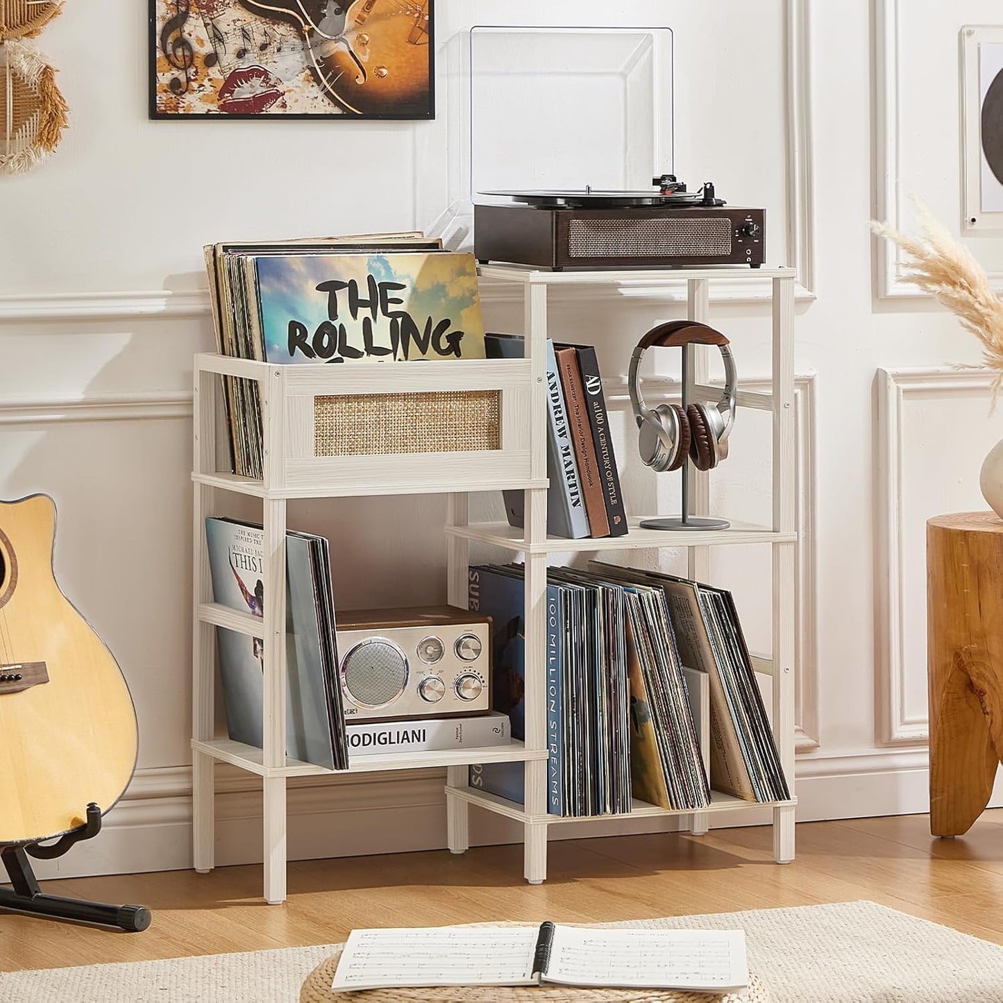 Record Player Stand, White Cream Oak Wood Record Holder with Vinyl Storage Holds up to 300+ Albums, 3-Tier Rattan Media Table with Vinyl Display Shelf, Record Storage Cabinet for Living Room