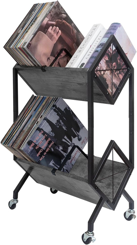 Vinyl Record Storage Holder with Wheels, 2-Tier Record Holder 160-200 LP with Dividers, Retro Style Quick Assembly Vinyl Record Display for Albums, Magazine, Book, Files(2 Tier- Gray)