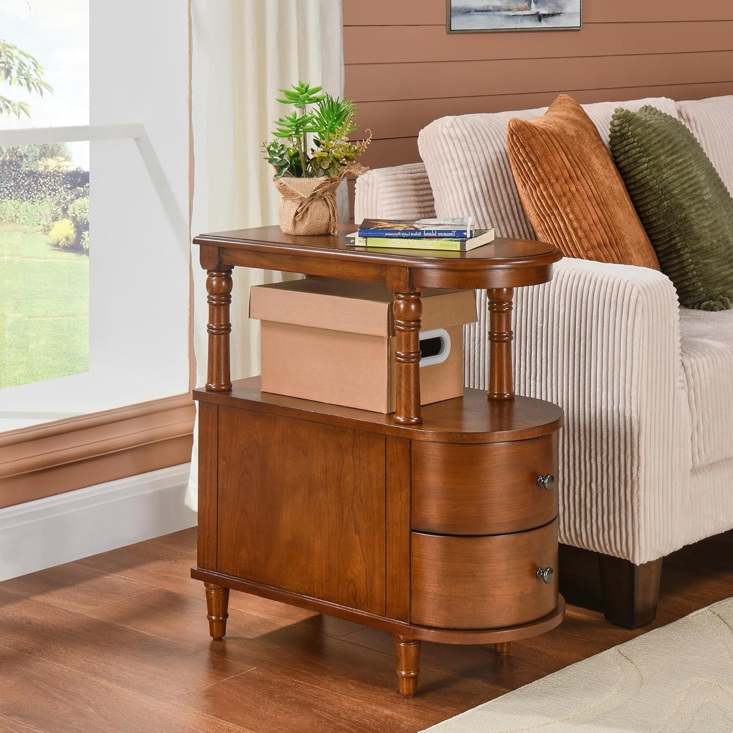Solid Wood End Table with 2 Drawers, Narrow Sofa Side Table Slim Chair Side Table with Storage Shelf, Vintage Slim Nightstand Bedside Table, Beewax Tone，Bg-A508-Mg