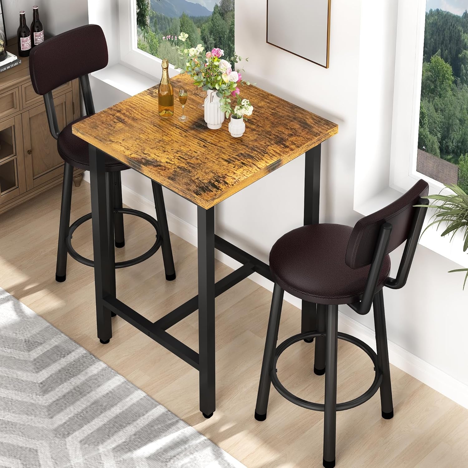 3 Piece Pub Dining Set, Modern Bar Table and Stools for 2 Kitchen Counter Height Wood Top Bistro Easy Assemble for Breakfast Nook Living Room Small Space Restaurant, Rustic Brown 24”