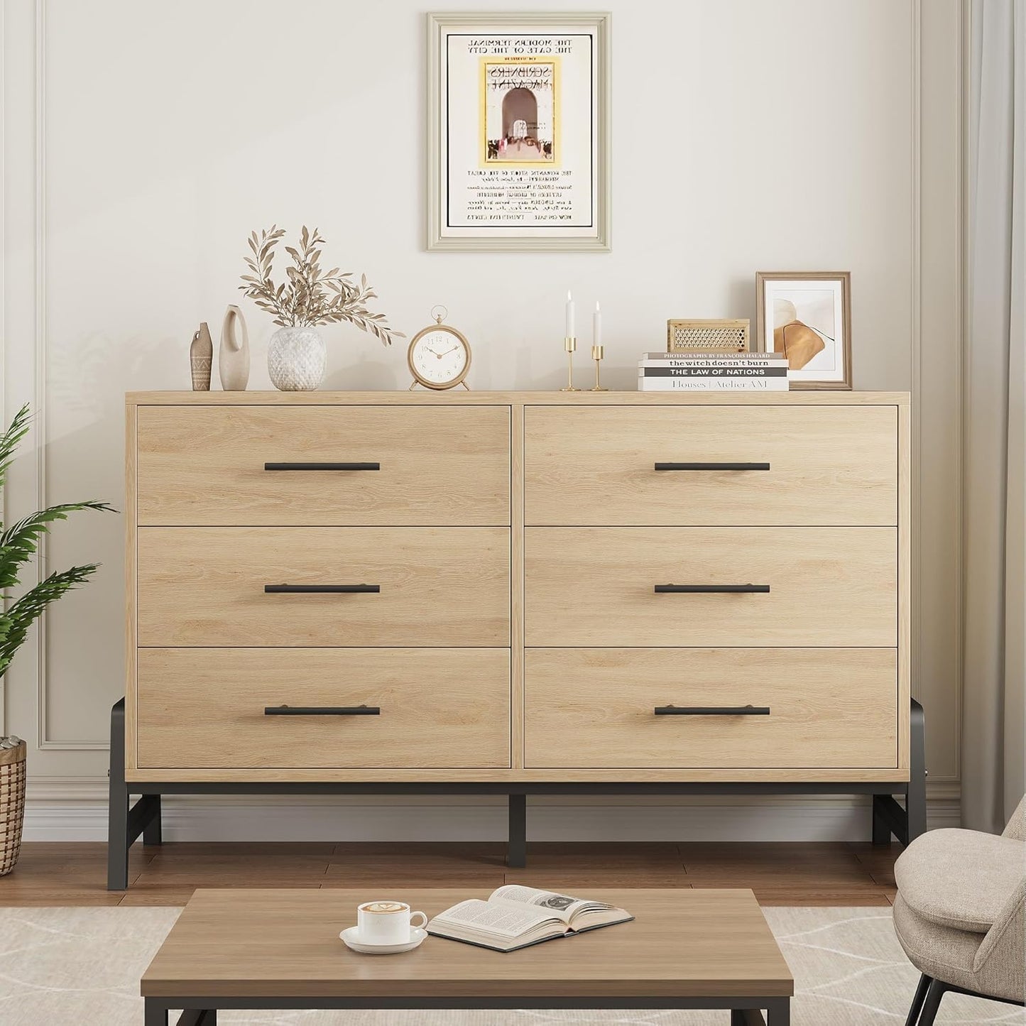 6 Dresser for Bedroom, 52" Wide Drawer with Large Storage Space, Freestanding Wooden Closet Storage Dresser Chest for Living Room, Bedroom, Entryway, Natural Oak