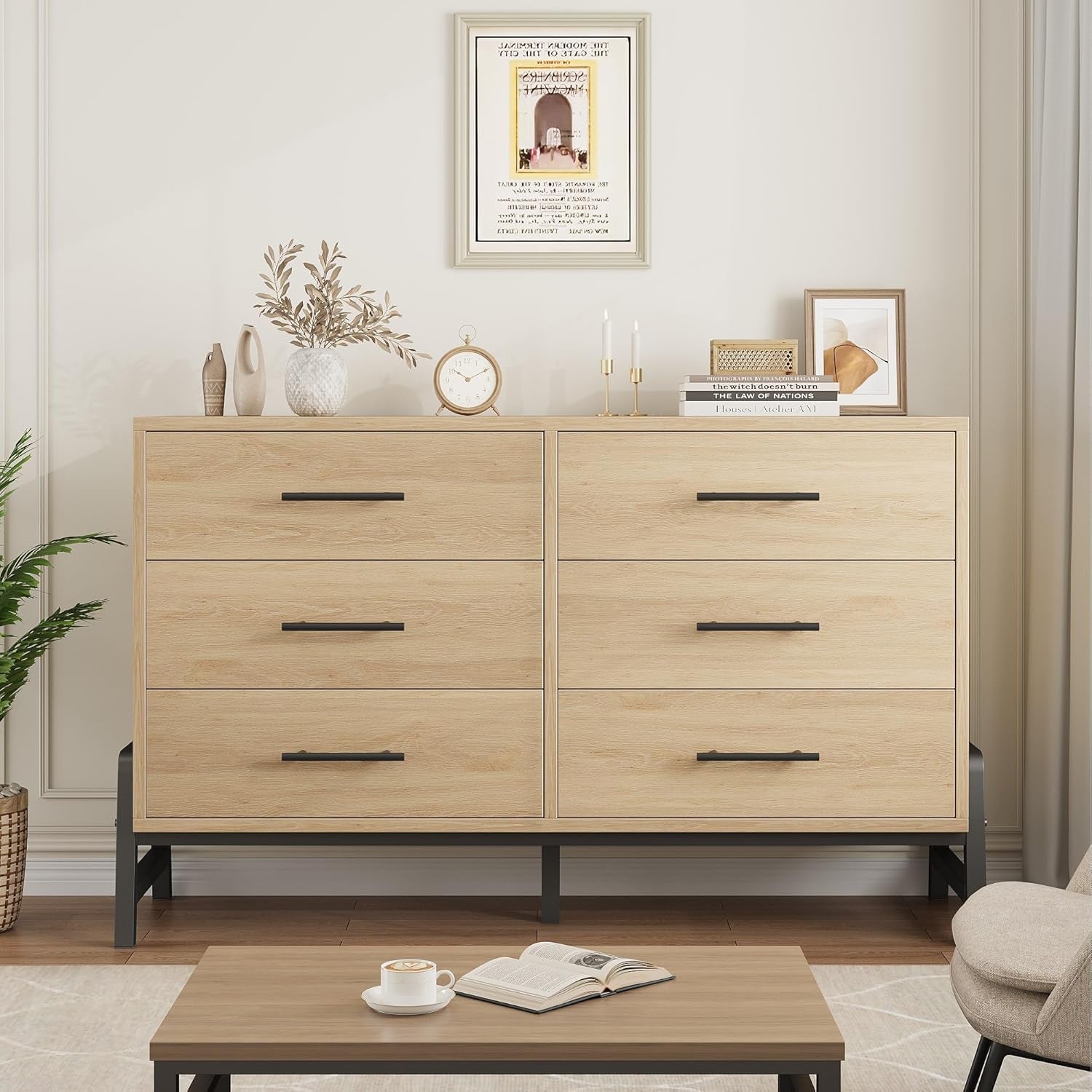 6 Dresser for Bedroom, 52" Wide Drawer with Large Storage Space, Freestanding Wooden Closet Storage Dresser Chest for Living Room, Bedroom, Entryway, Natural Oak