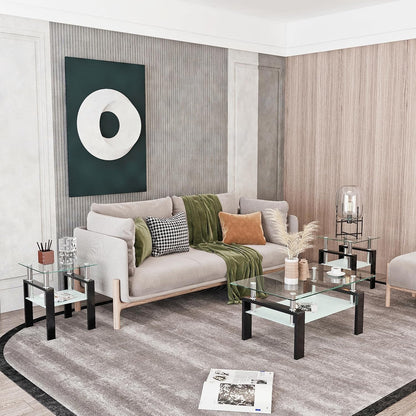 Living Room Tables Set,3 Piece Glass Coffee Table and End Tables Set for Living Room, Coffee Table Set with Tempered Glass Tabletop and Metal Frame for Apartment, Small Space, Black