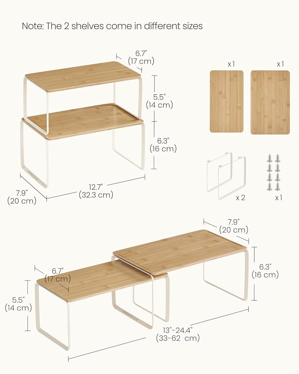 HOME Cabinet Organizer Shelf, Set of 2 Kitchen Counter Shelves, Kitchen Storage, Spice Rack, Stackable, Expandable, Metal and Bamboo, Light Bamboo UKCS050N01