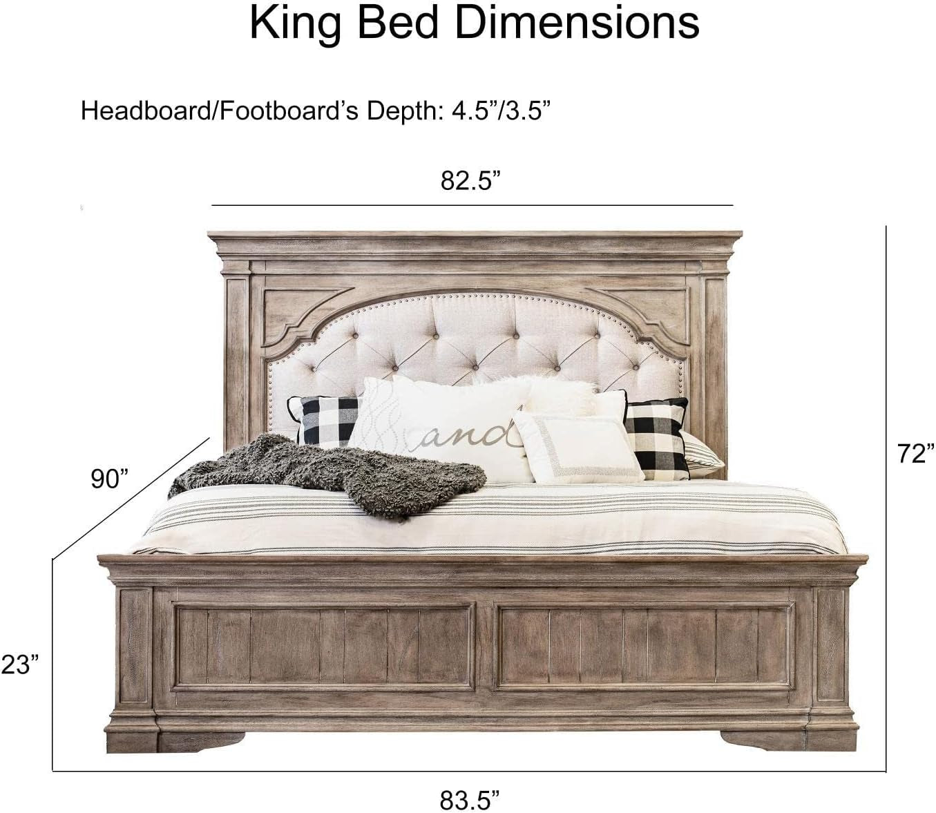 Company Highland Park 83.5" X 90" Farmhouse Wood & Fabric Upholstered Panel King Bed with Button Tufted Headboard, Low Vertical Planked Inset Footboard, in Driftwood Gray Finish