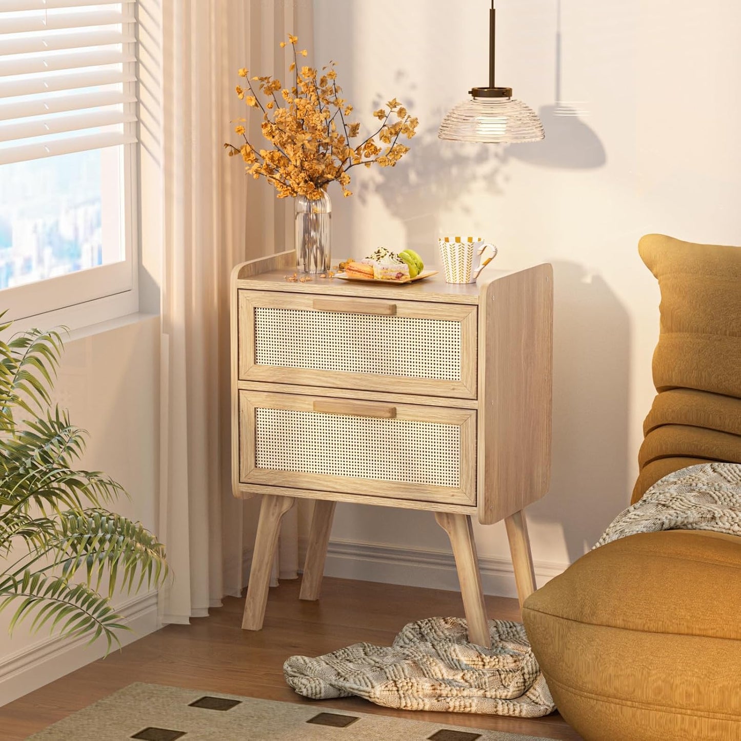 Rattan Nightstands Set of 2, Boho Night Stand with 2 Drawers, Cane Accent Side End Table, Bedside Table with Solid Wood Legs for Bedroom, Dorm and Small Spaces (Natural)