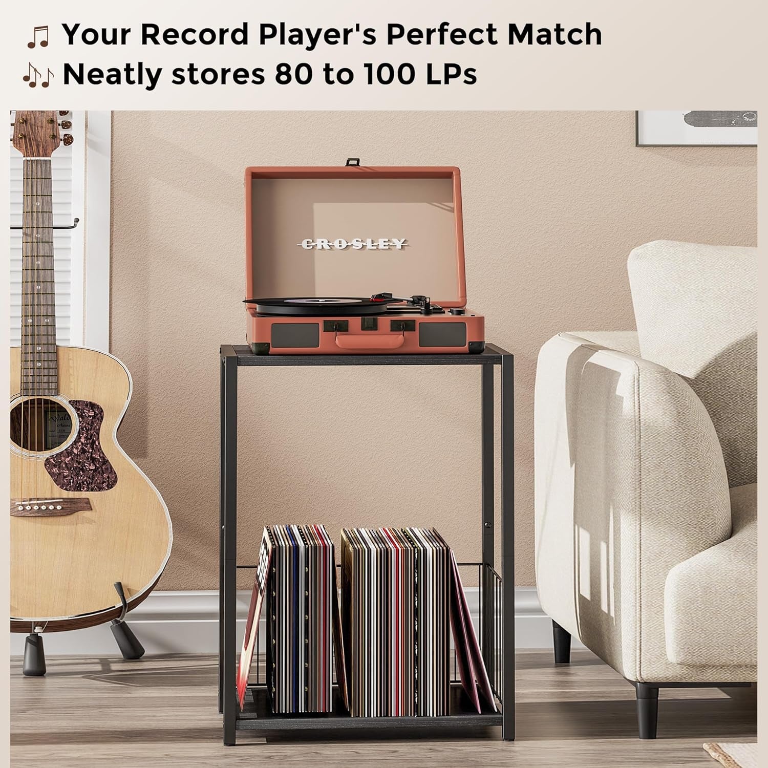 Side Table with Magazine Holder, Record Player Stand with LP Shelf, End Table for Living Room, Bedroom, or Bedside, Easy Assembly, 11" D X 16.9" W X 23.6" H, Black