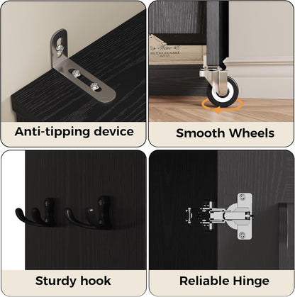 Narrow Kitchen Pantry Storage Cabinet, 72" Slim Single Door with 6 Adjustable Shelves, Door Rack and Wheels, Space Saving Freestanding Storage Floor Cabinet for Small Place, Black
