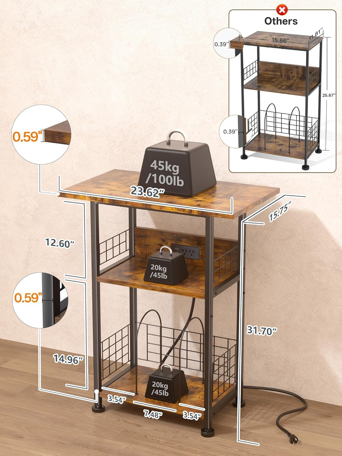 Record Player Stand with Charging Station, 3 Tier Turntable Stand with Storage Cabinet, Vinyl Storage End Table Hold up to 200 Albums, Record Table for Vinyl, Living Room, 23.6" W X 15.7" D