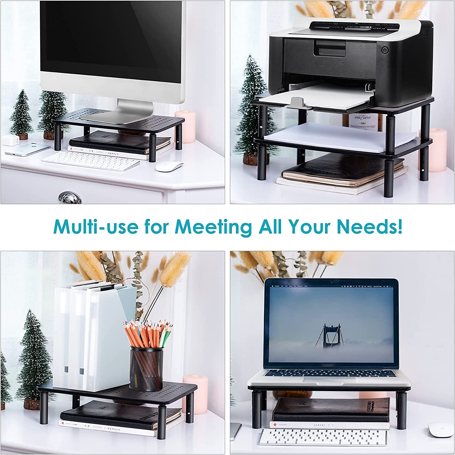 Tv/Monitor Riser Desktop Stand, Flat Screen, Sturdy Metal Laptop Computer Shelf for Printer, Imac, 3 Height Adjustable PC with Mesh Platform , 2 Pack