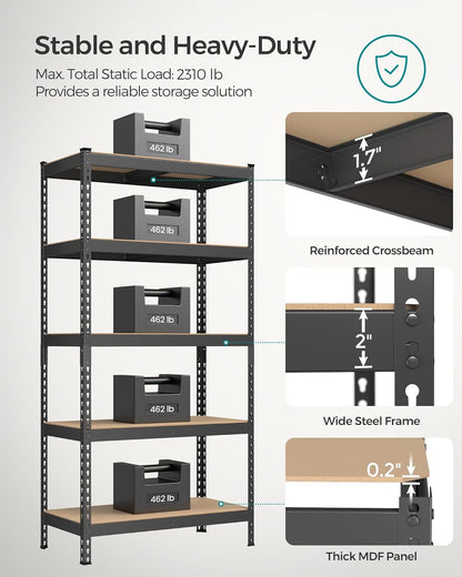 5-Tier Storage Shelves, Load 2310 Lb, Set of 2 Garage Storage, Boltless Assembly, Adjustable Shelving Unit, 17.7 X 35.4 X 70.9 Inches, for Study Shed Basement, Black UGLR450B02