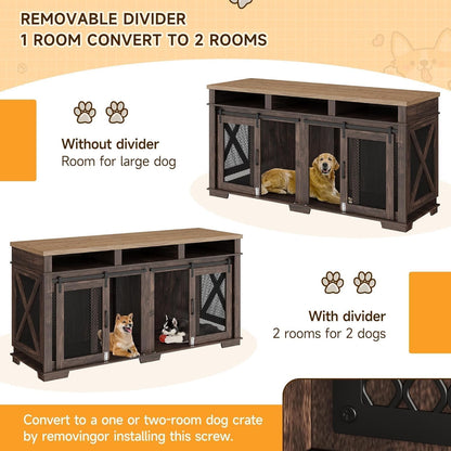 71" Extra Large Dog Crate Furniture, Heavy Duty Dog Kennel with Sliding Barn Door, 3 Storage Compartments & Removable Divider, TV Stand Side Table for Living Room, Light Oak/Dark Walnut