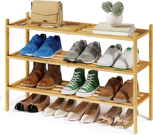 Bamboo Shoe Rack for Closet, Stackable Shoe Oragnizer with Modular Structure, Space-Saving Free Standing Shelf for Entryway Bedroom, 3-Tier, Holds 12-16 Pairs, Natural Color ULBS053YL01