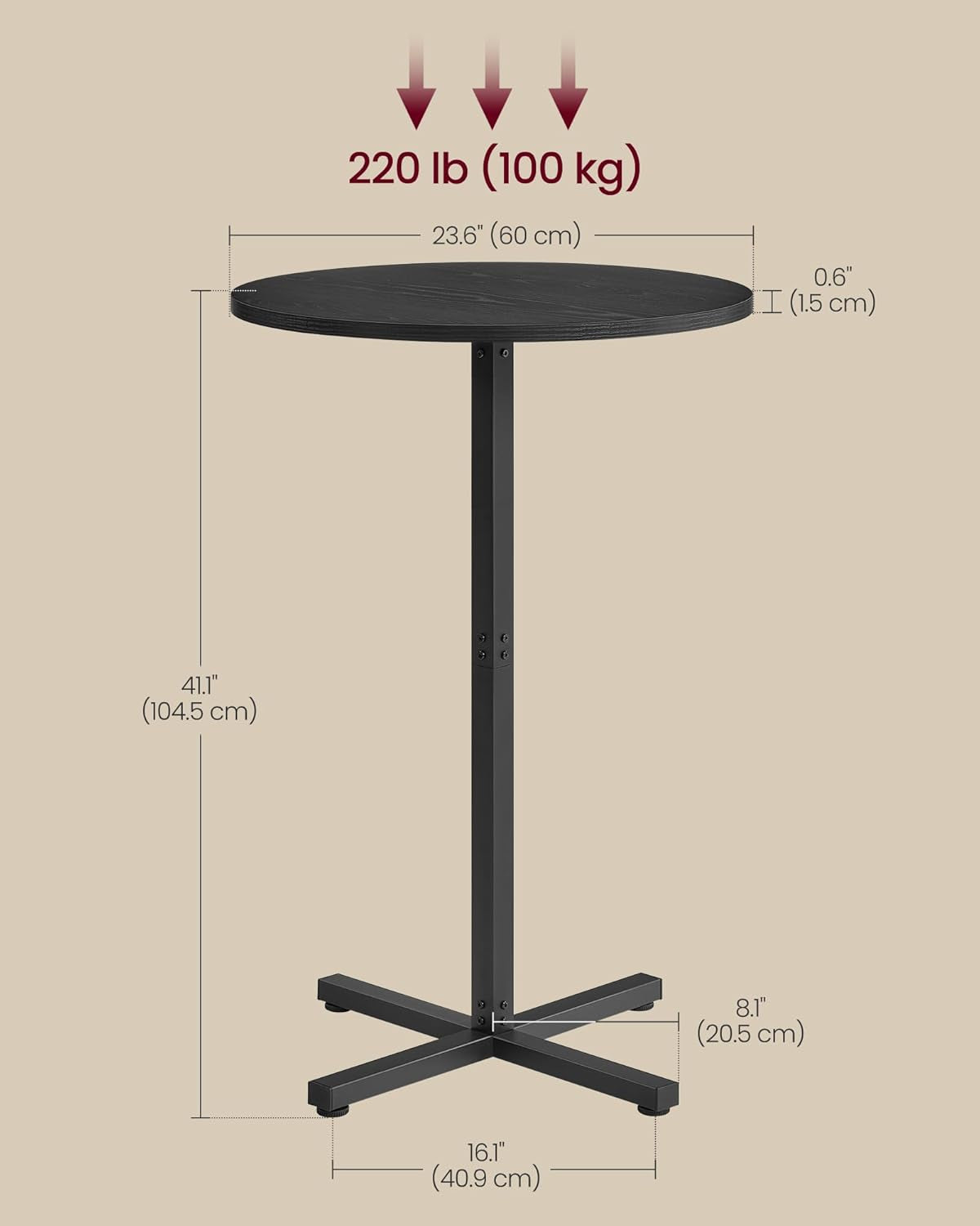 round Cocktail Table, High Top Bar Pub Table with Metal Frame and Cross Base, for 2-3 People, Modern, Easy to Assemble, 23.6 X 23.6 Inches, Ebony Black ULBT361B01V1