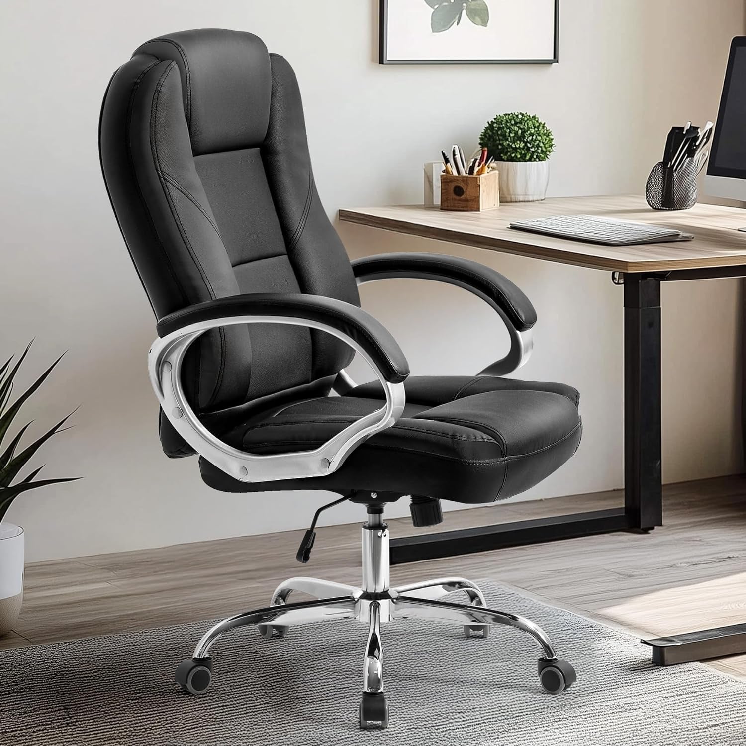 Office Desk Ergonomic Gaming Chair High Back Adjustable Computer Chair with Wheels and Lumbar Support Comfy Leather Executive Swivel (Jet Black)