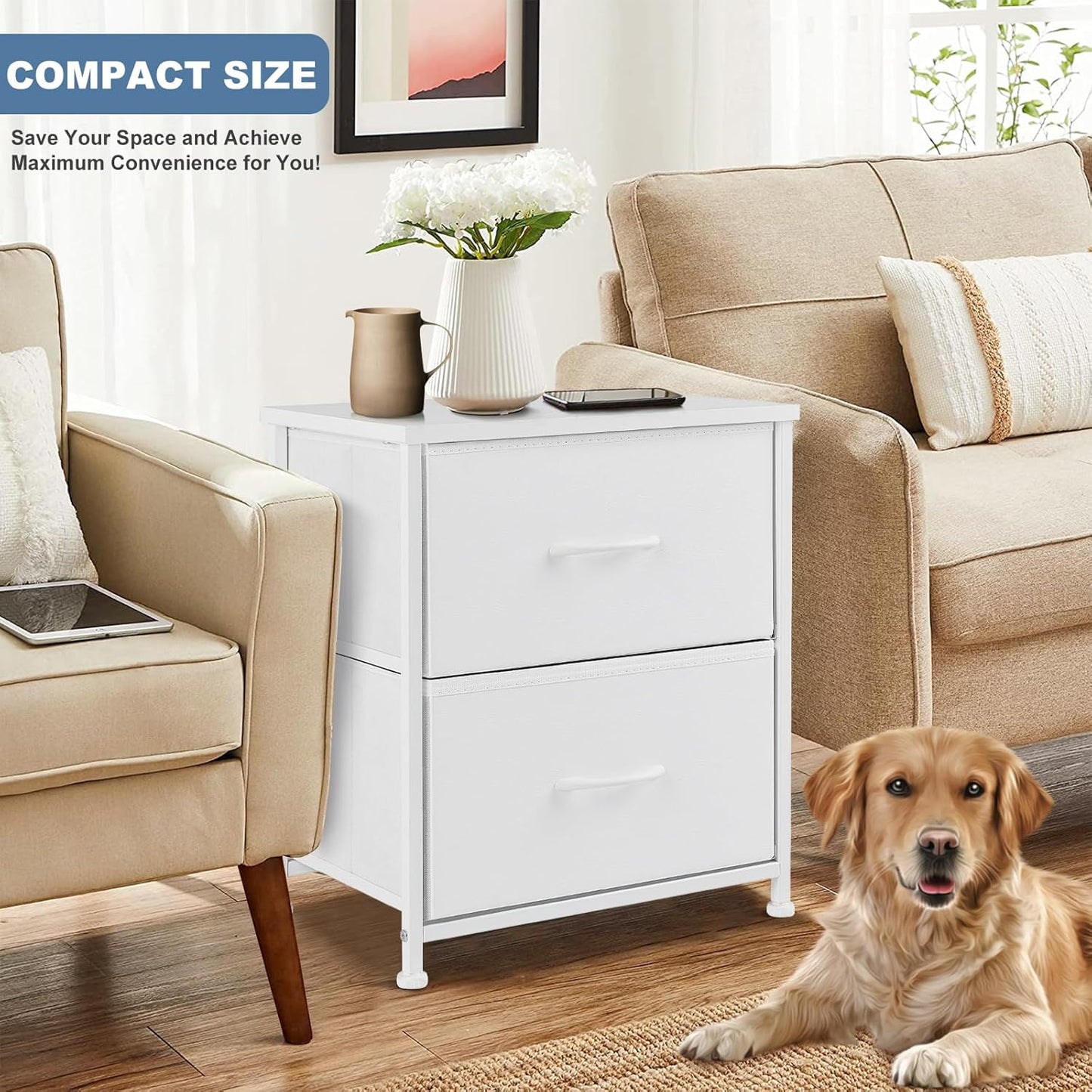 Nightstand Small Dresser with 2 Fabric Drawers Side Tables Bedroom End Table Kids Bedside Storage Furniture for 20 Inch Tall Night Stand for Closet, Entryway, College Dorm, White