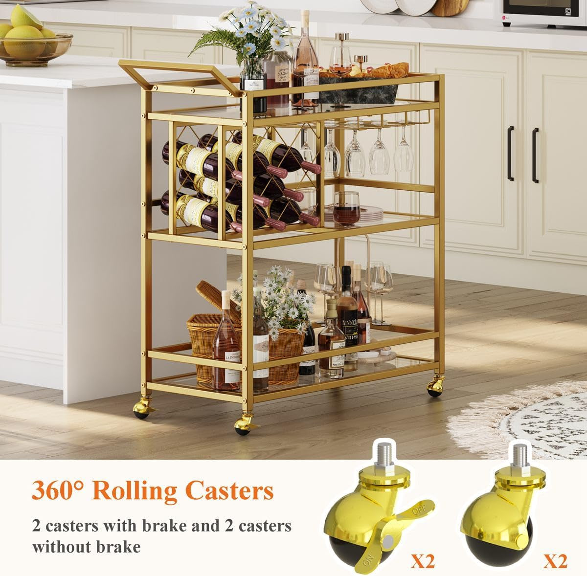 Bar Cart Gold, Home Bar Serving Cart with Wine Rack and Glasses Holder, Wine Carts on Wheels with 3 Tier Mirrored Shelves for Liquor and Beverage (Gold)