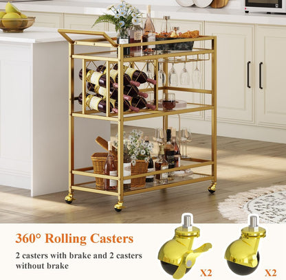 Bar Cart Gold, Home Bar Serving Cart with Wine Rack and Glasses Holder, Wine Carts on Wheels with 3 Tier Mirrored Shelves for Liquor and Beverage (Gold)