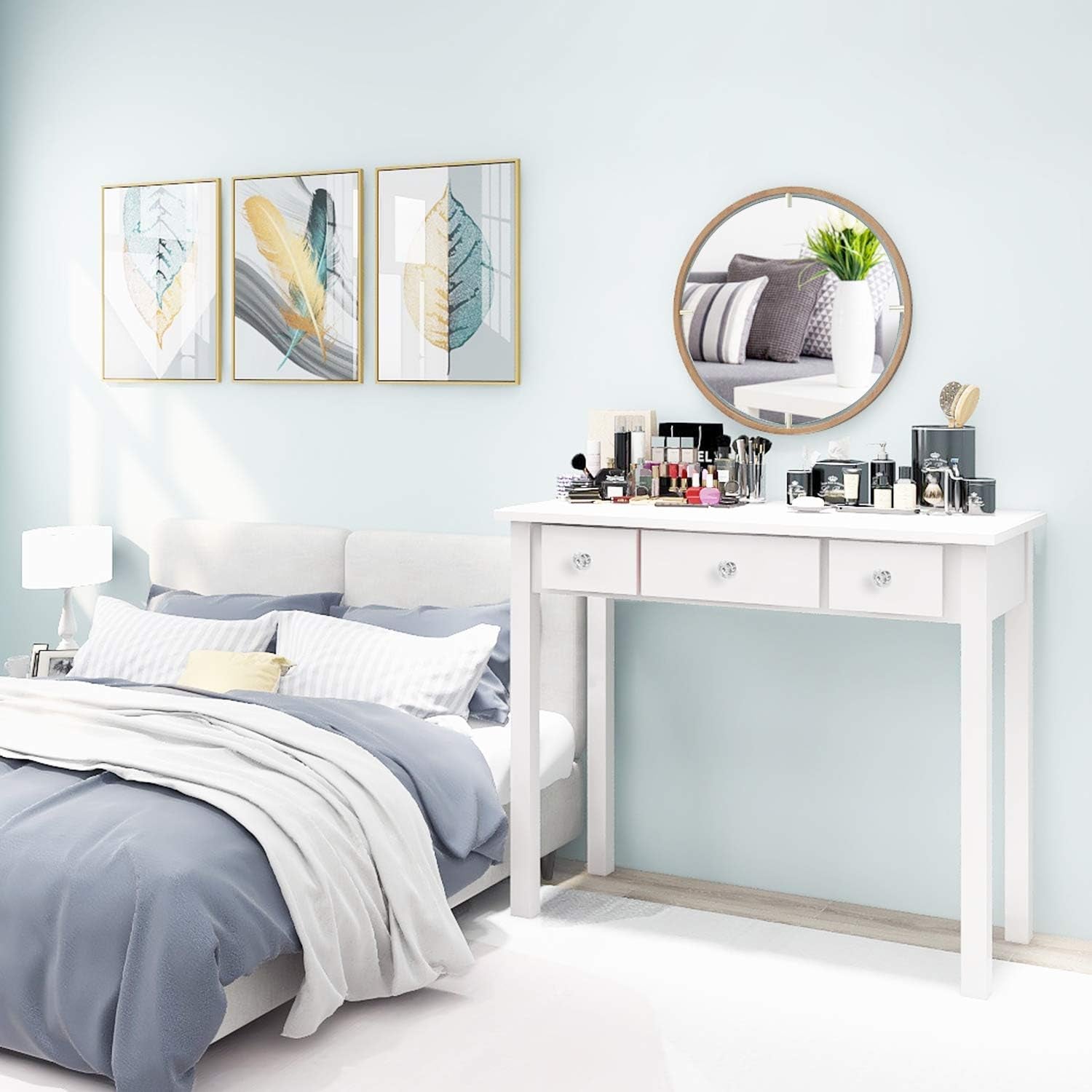 Home Office Small Writing Desk with Drawers Bedroom, Study Table for Adults/Student, Vanity Makeup Dressing Table save Space Gifts White (White)