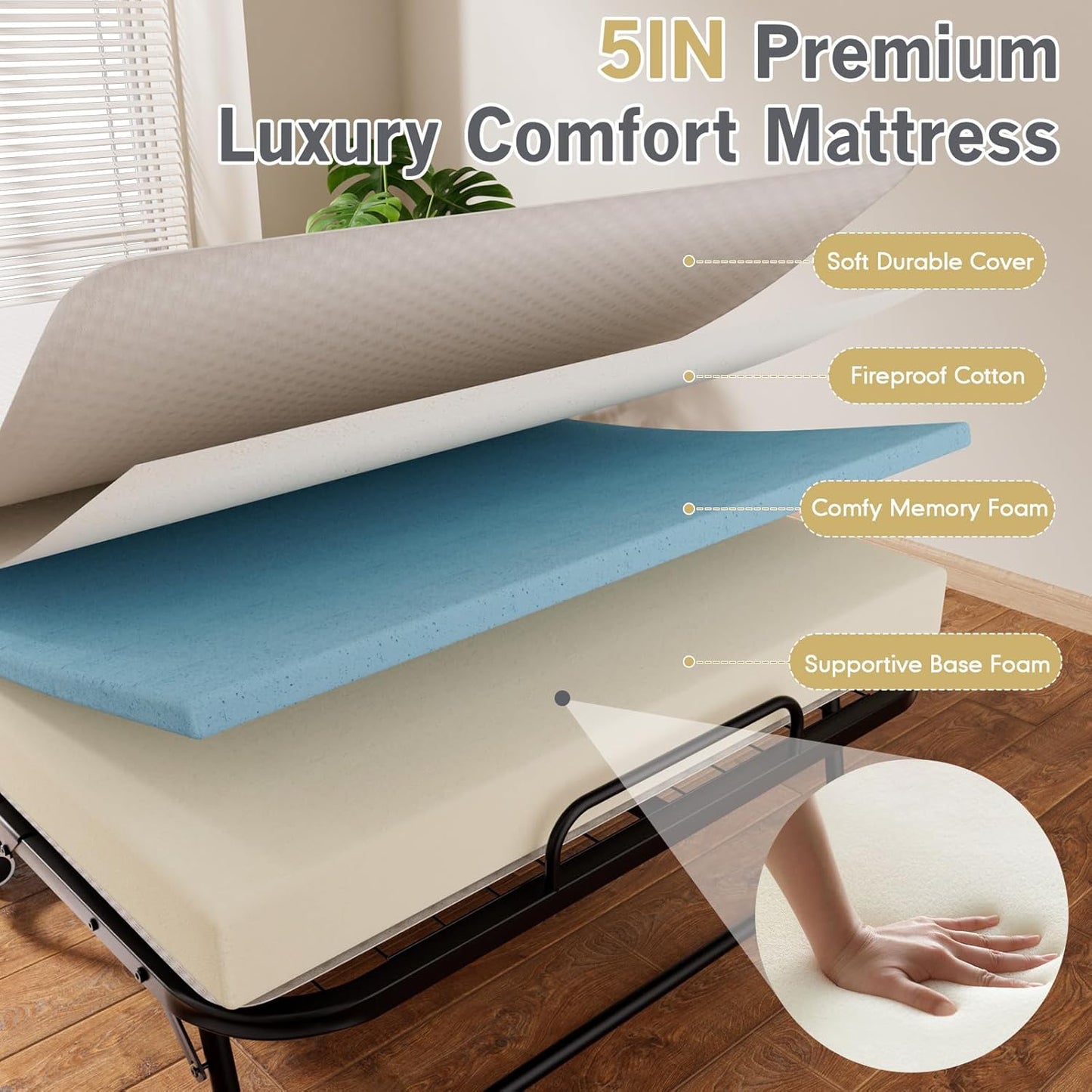 Folding Bed with Mattress for Adults, Portable Foldable Twin Beds with 5-Inch Memory Foam Mattress & Sturdy Metal Frame, Rollaway Bed Space-Saving Easy Storage,75"X 38"