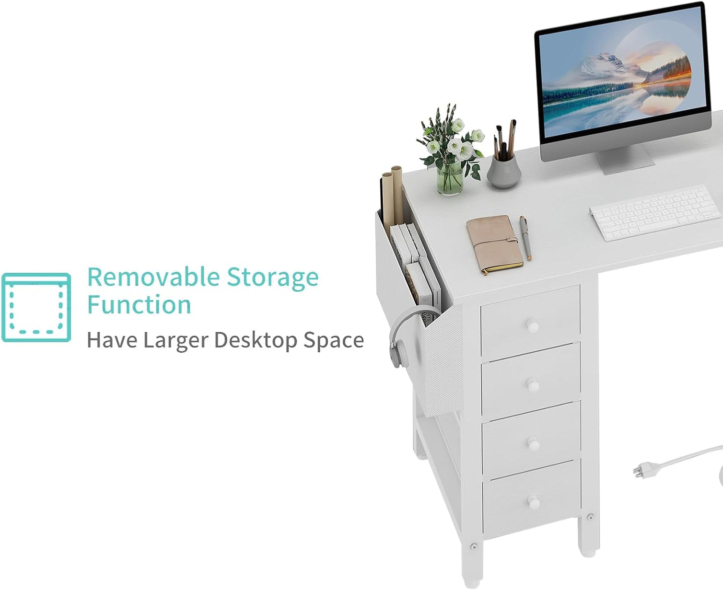 White L Shaped Computer Desk with Drawers & Storage Shelves, 47 Inch Corner Reversible Desk with Power Outlet for Home Office Bedroom, L-Shaped Teen PC Desks with Fabric Drawer, White