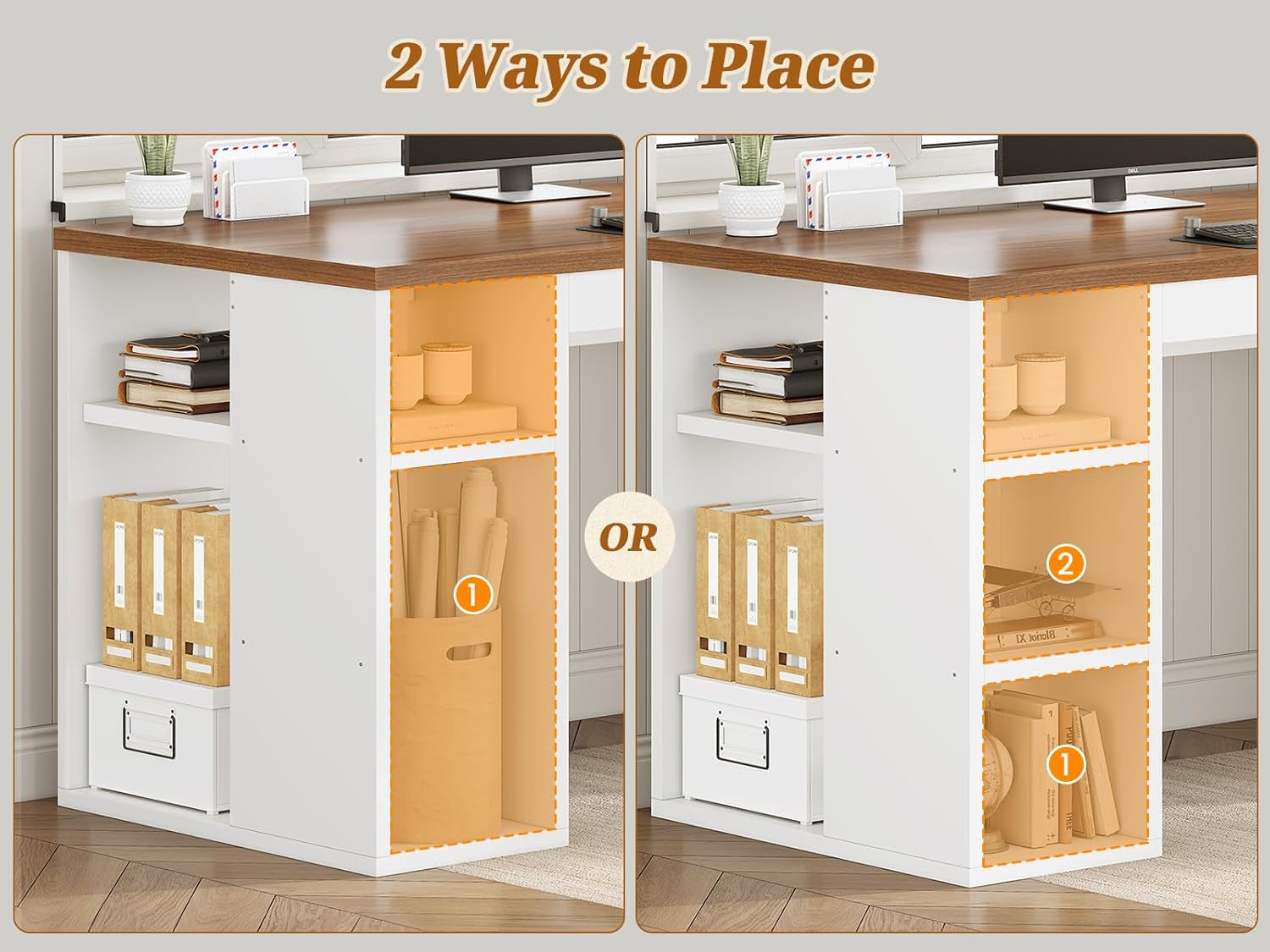 Farmhouse 96.5" Computer Desk with Drawers, 2 Person Home Office Desk, Gaming Double Desk with Storage Shelves, Long Two Person Writing Desk (White and Brown)