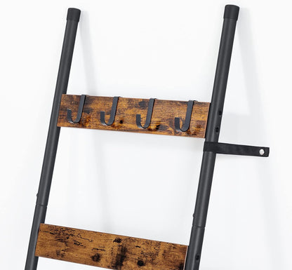 Blanket Ladder, 5-Tier Towel Rack with Hooks, Wall-Leaning Blanket Rack, Decorative Display Ladder Shelf, for Scarves, Industrial, Living Room, Bedroom, Rustic Brown and Black BF52CJ01