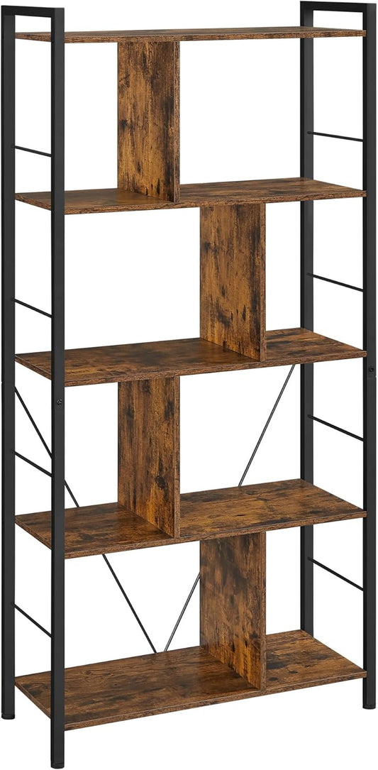 Bookshelf, 5-Tier Bookcase, Storage Shelving Unit, Display Shelf with Open Compartments for Living Room, Home Office, Bedroom, Industrial, Rustic Brown and Black ULBC121B01