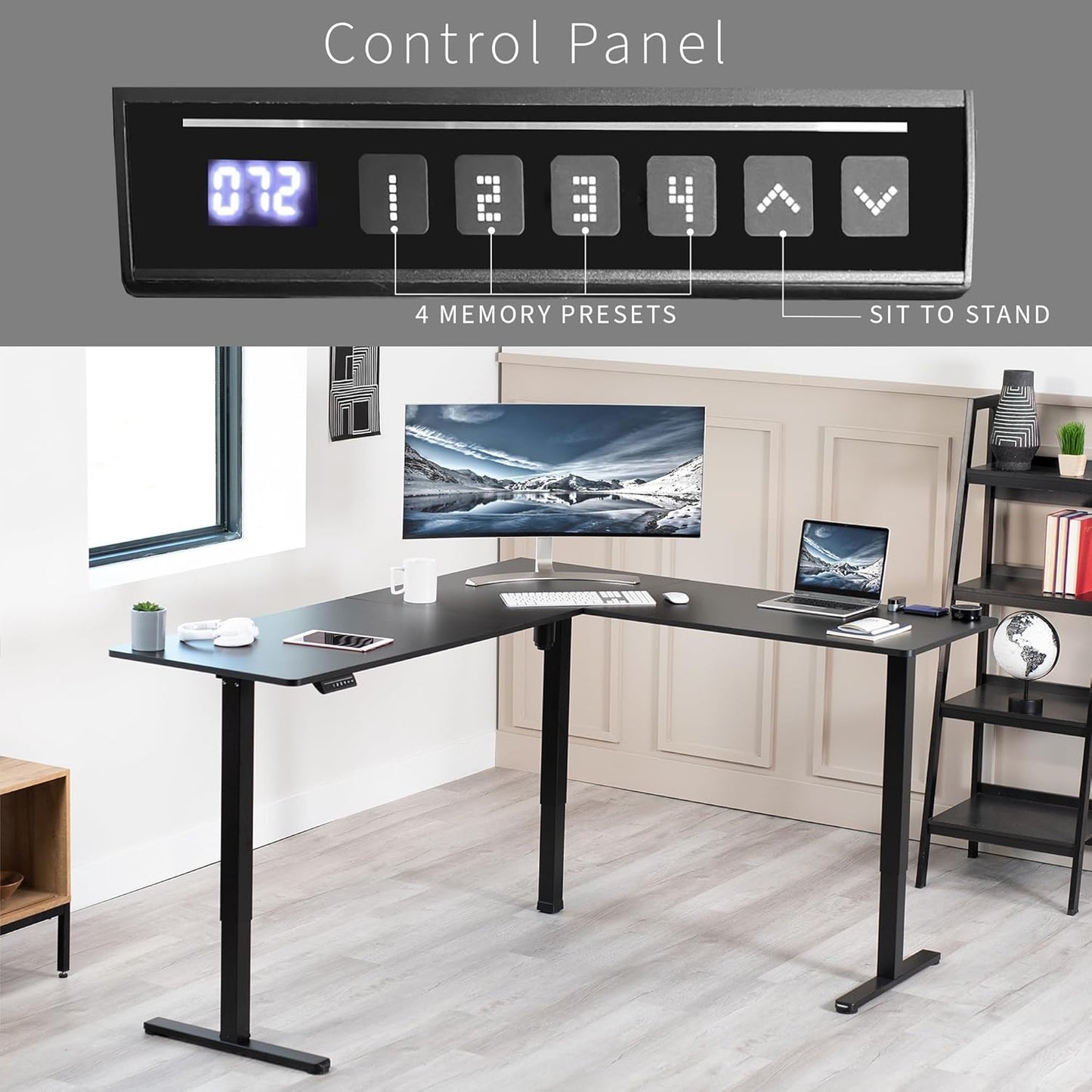 Corner Standing Desk, 75 X 63 Inch Reversible L-Shaped Workstation, Electric Height Adjustment, Home, Office, and Reception Rooms, Black Table Top Black Frame, DESK-E3CTB-75
