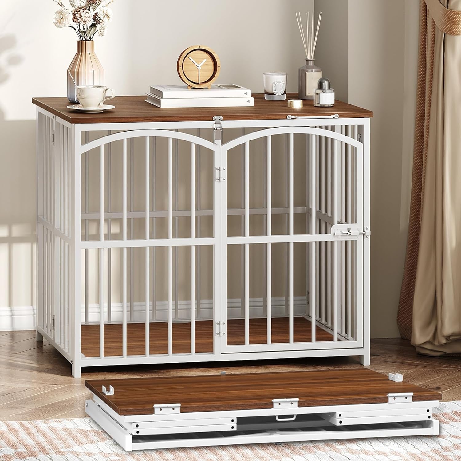 Foldable Dog Crate Furniture, 31.5" Indoor Dog Kennel No Assembly, Wooden Dog Cage Decorative Side End Table, for Medium Small Dogs, White and Walnut WH86GW03