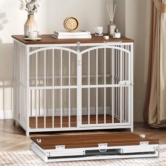 Foldable Dog Crate Furniture, 31.5" Indoor Dog Kennel No Assembly, Wooden Dog Cage Decorative Side End Table, for Medium Small Dogs, White and Walnut WH86GW03