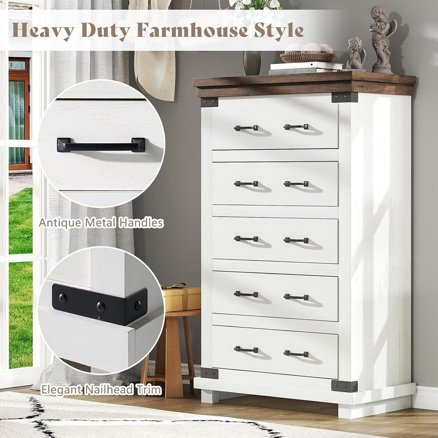5-Piece Farmhouse Bedroom Set, Includes Wood Rustic King Bed Frame with 54" Tall Headboard, 6 Drawer Dresser Chests, 5 Drawers Tall Dresser, Nightstands Set of 2 with Charging Station, White