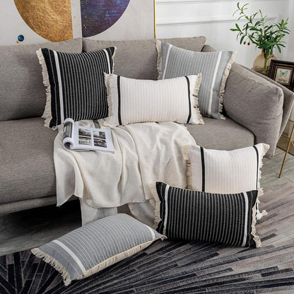 Modern Throw Pillow Cover with Tassels, Decorative Liana Fringe Accent Cushion Case, Farmhouse Woven Pillowcase for Sofa Chair Couch Bed Decor (Lumbar 12 X 20 Inches, Black)