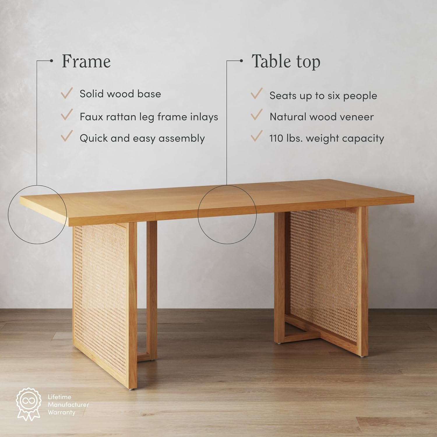 Willow Boho Dining Table for 6 with Solid Wood Legs, 6-Person Natural Wood Dining Table, Warm Pine or Brown with Bohemian Rattan Accent