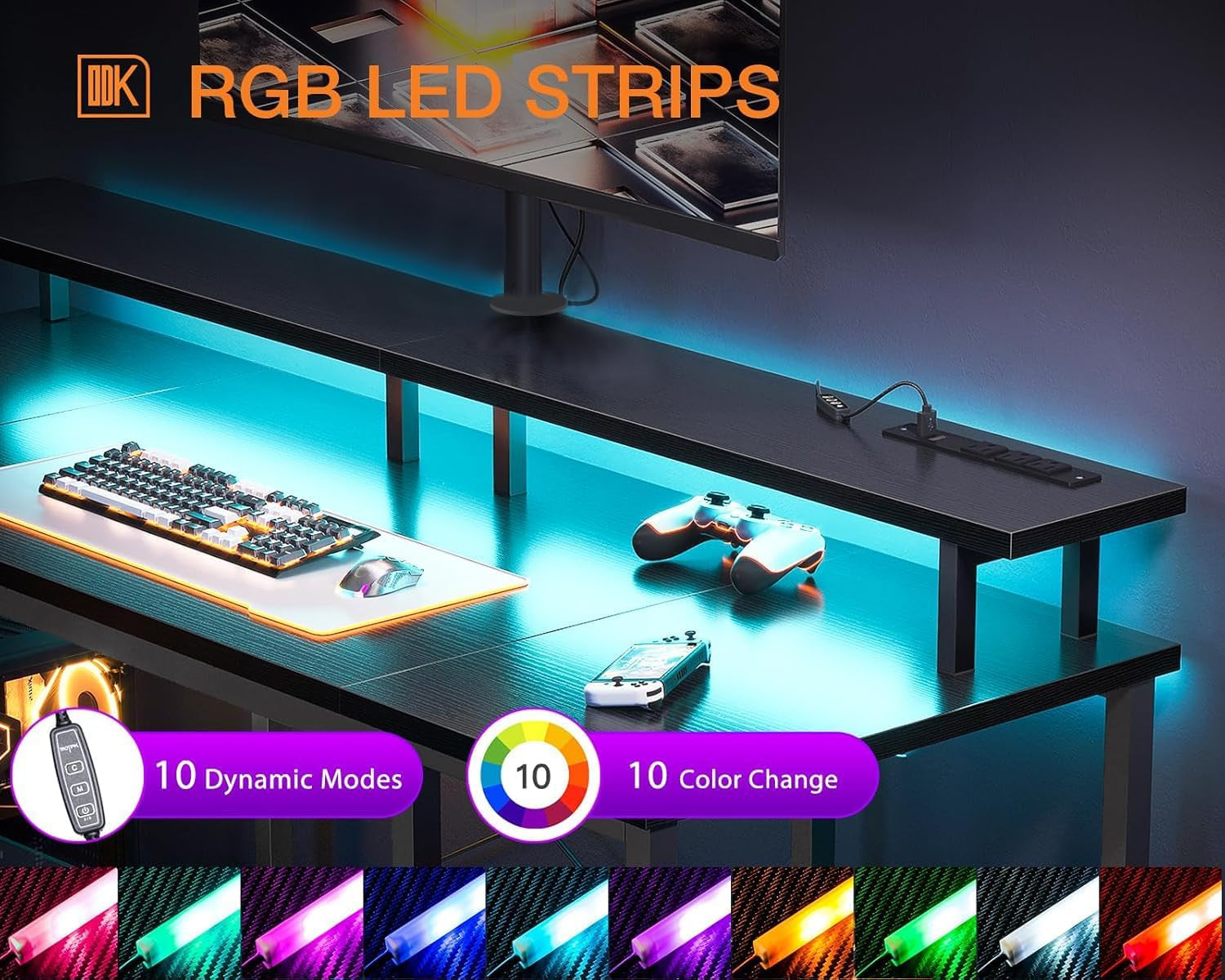 48 Inch Gaming Desk with LED Lights & Power Outlets, Computer Desk with Monitor Stand & Storage Sheves, CPU Stand, Home Office Desk, Black