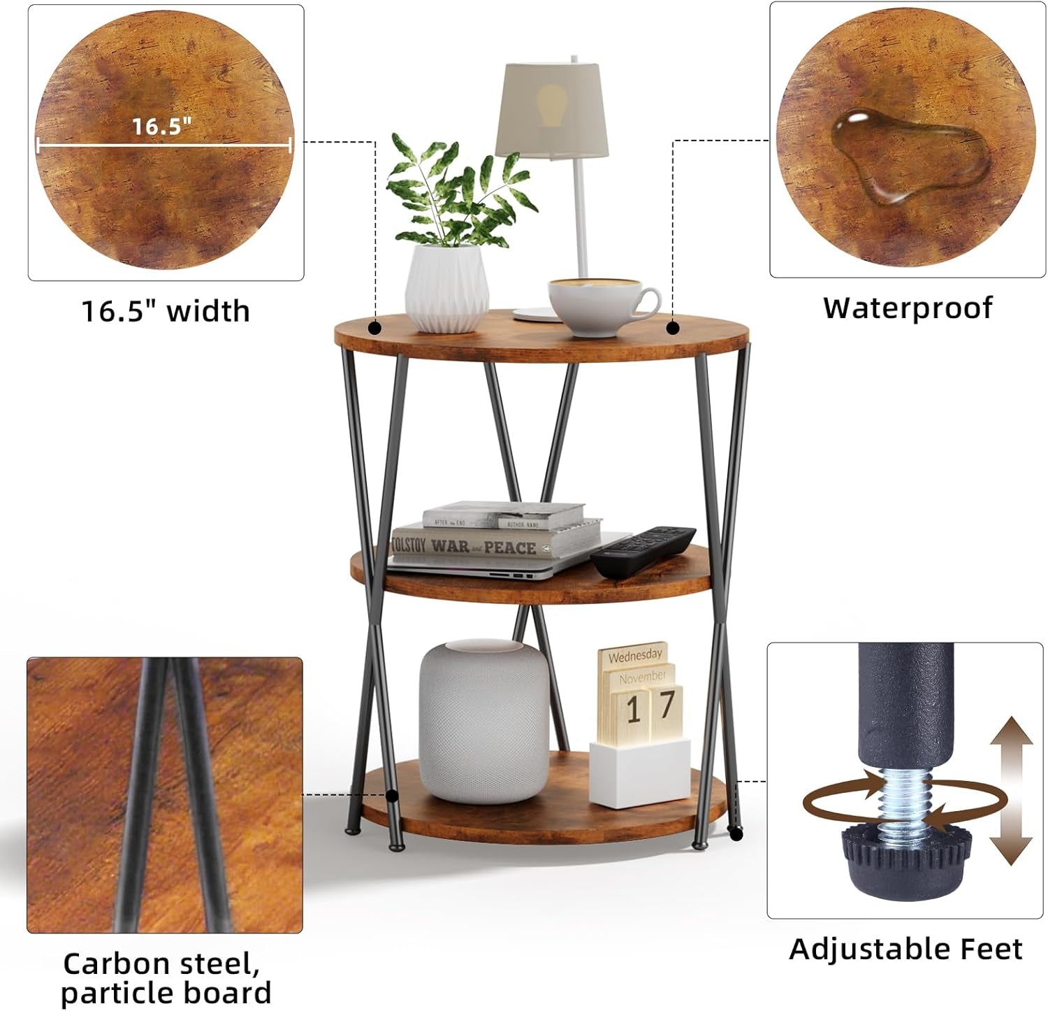 Big Side Table, 3-Tier Large Size round End Table with X-Leg Design, Nightstand Bedside Table for Living Room, Bedroom, Drink Table Coffee Table for Patio, Indoor Outdoor Use, 16.5''X16.5''X22.8''