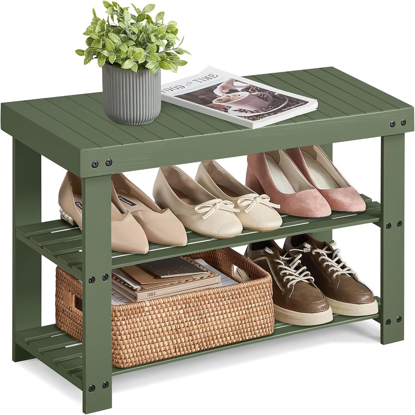 Shoe Rack Bench, 3-Tier Bamboo Shoe Storage Organizer, Entryway Bench, Holds up to 286 Lb, 11.3 X 27.6 X 17.8 Inches, for Entryway Bathroom Bedroom, Ink Black ULBS04H