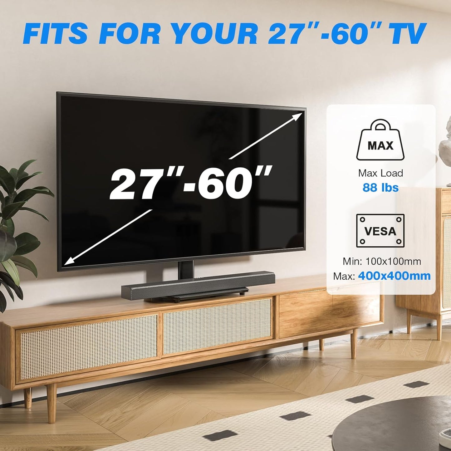 Universal Swivel TV Stand for 27-50 55 60 Inch Tvs, Height Adjustable Table Top TV Stand Mount Hold up to 88 Lbs, Pedestal TV Stands with Tempered Glass Base, Replacement TV Mount Stand