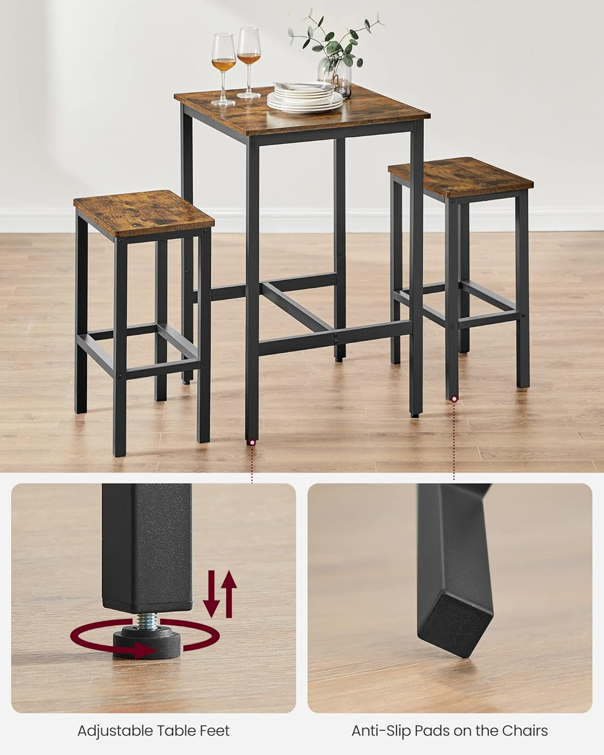 Bar Table and Chairs Set, Square Table with 2 Stools, Dining Pub Set for 2, Space Saving for Kitchen Breakfast, Living Room, Party Room, Rustic Brown and Ink Black