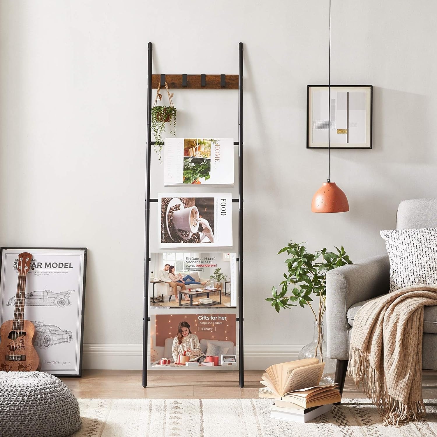 Blanket Ladder, 5-Tier Ladder Shelf, Decorative Ladder with 4 Removable Hooks, Metal Frame, Industrial Style, Rustic Brown and Black ULLS016B01