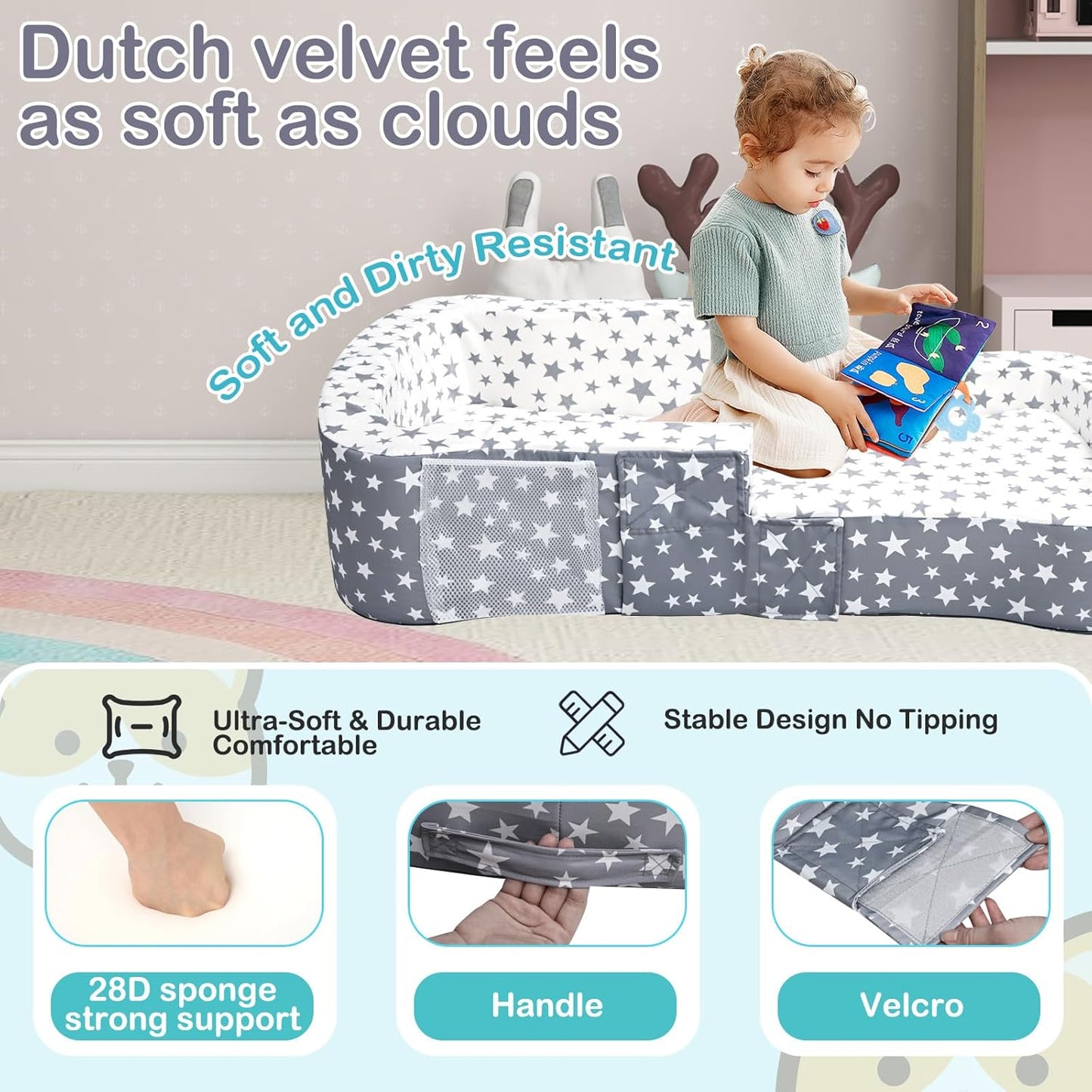 Toddler Travel Bed, Portable Toddler Bed & Chair 2-In-1 – Convertible Travel Crib with Storage Pockets, Built-Waterproof Oxford Cloth, Easy,Washable Covers,Soft Dutch Velvet (Stars Pattern)