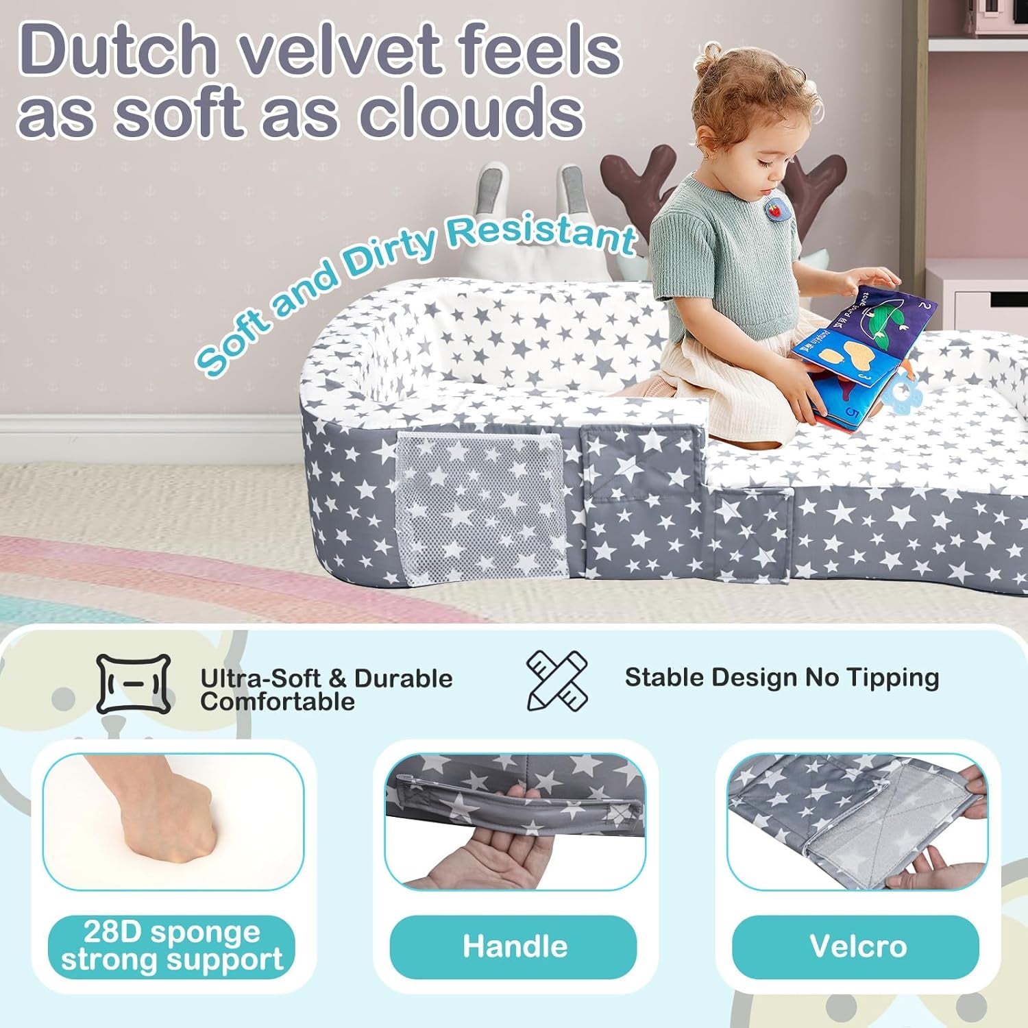 Toddler Travel Bed, Portable Toddler Bed & Chair 2-In-1 – Convertible Travel Crib with Storage Pockets, Built-Waterproof Oxford Cloth, Easy,Washable Covers,Soft Dutch Velvet (Stars Pattern)