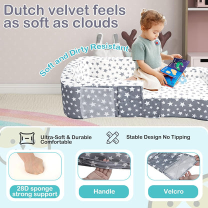 Toddler Travel Bed, Portable Toddler Bed & Chair 2-In-1 – Convertible Travel Crib with Storage Pockets, Built-Waterproof Oxford Cloth, Easy,Washable Covers,Soft Dutch Velvet (Stars Pattern)