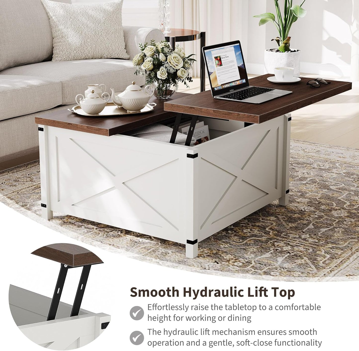 Hydraulic Lift Top Coffee Table with Hidden Storage, Farmhouse Industrial Style Accent Table, Sturdy Wood & Metal Construction, Safe Lift Mechanism, for Living Room Office