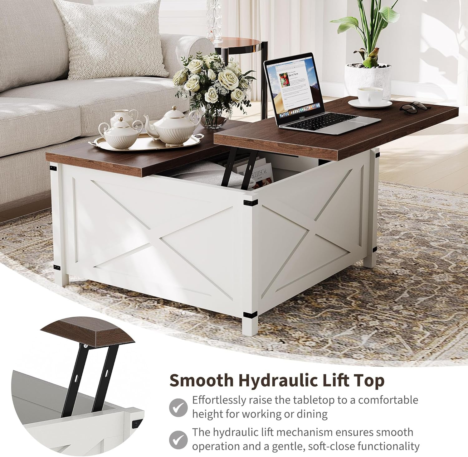 Hydraulic Lift Top Coffee Table with Hidden Storage, Farmhouse Industrial Style Accent Table, Sturdy Wood & Metal Construction, Safe Lift Mechanism, for Living Room Office
