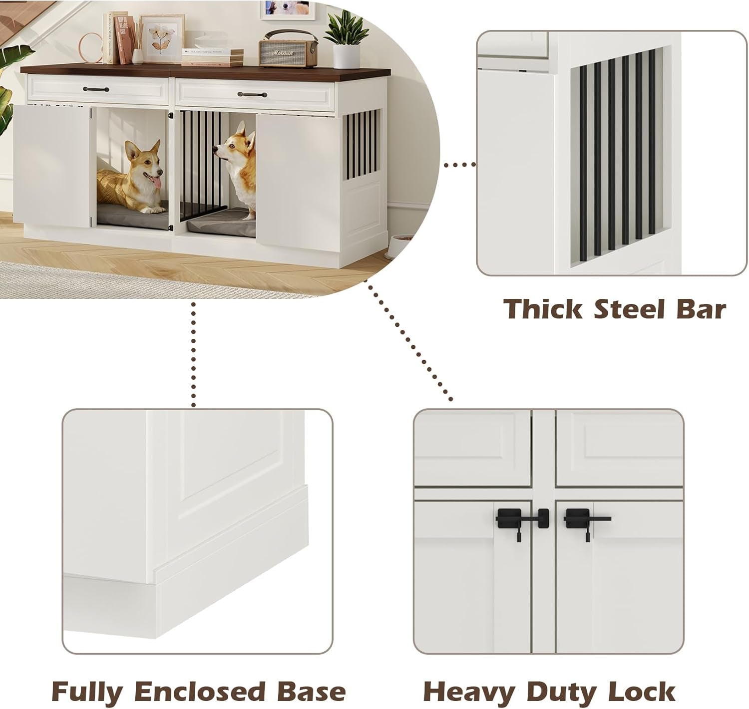 Dog Crate Furniture - Indoor Wood Dog Kennel Furniture 4 Doors with Divider and 2 Drawers - 72" L X 23.6" W X 33.5" H, White