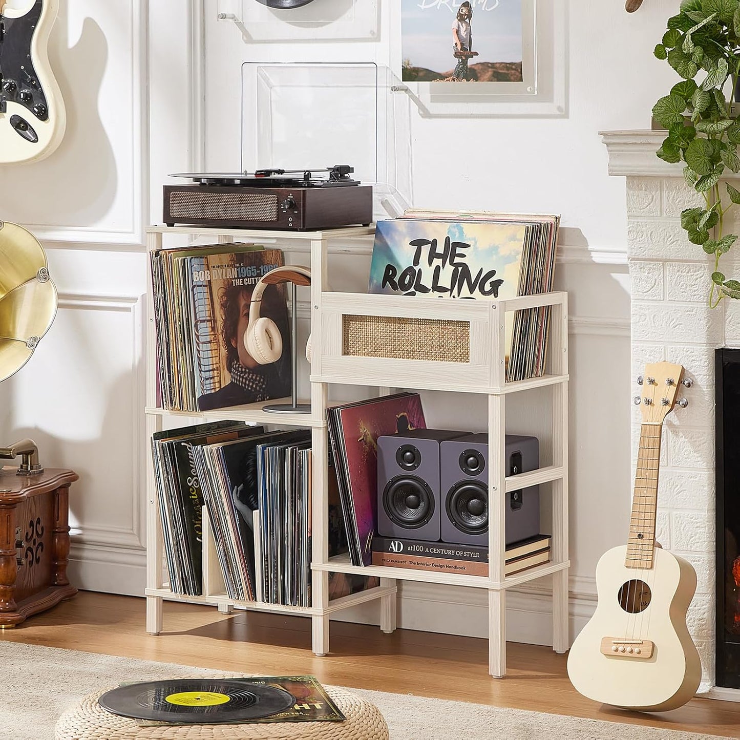 Record Player Stand, White Cream Oak Wood Record Holder with Vinyl Storage Holds up to 300+ Albums, 3-Tier Rattan Media Table with Vinyl Display Shelf, Record Storage Cabinet for Living Room