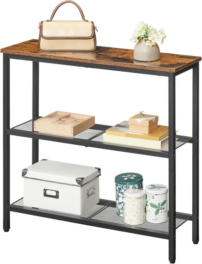 29.5" Narrow Console Table, 3-Tier Entryway Table, Thin Sofa Table with Shelves, Side Table, Display Table, for Hallway, Entrance, Living Room, Bedroom, Rustic Brown and Black BF73XG01