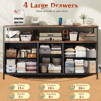 TV Stand for 50" Inch TV, Entertainment Center with LED Lights & Power Outlets, 5 Drawers Dresser for Bedroom Dresser with Shelves for Living Room, Hallway, Rustic Brown