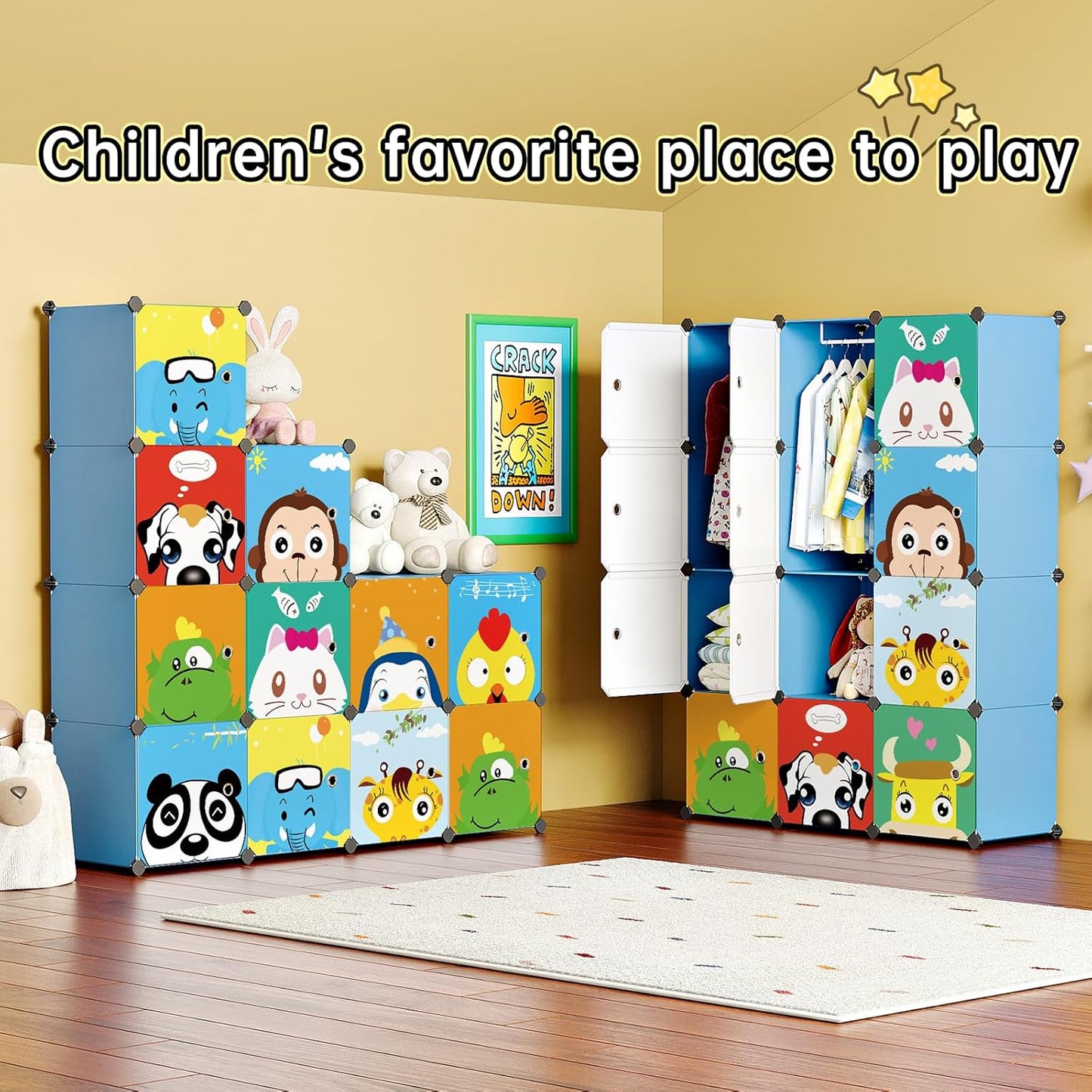 Kids Closet,Baby Wardrobe Closet with Door,Cute Portable Armoire Dresser,Clothes Hanging Storage Rack for Boy Bedroom,Blue,12 Cube(14X14Inch)